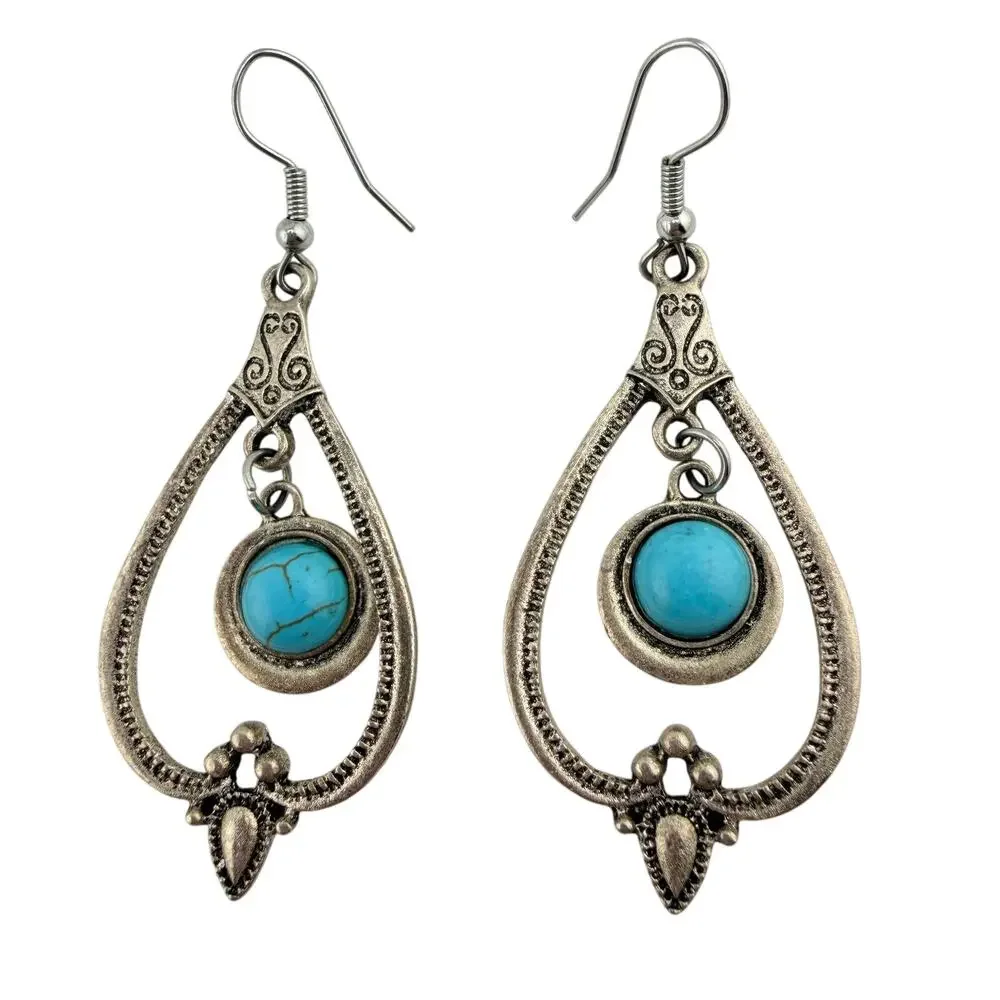 Sunnyouth Boho Southwest Style Faux Turquoise Teardrop Silver Tone 2.5